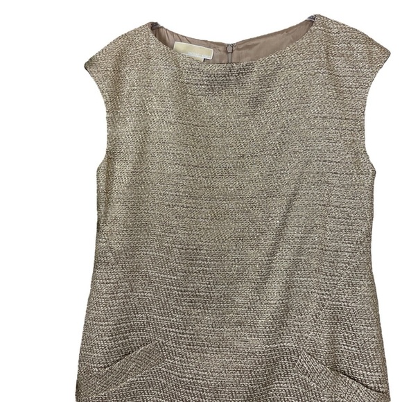 Michael Kors Italy Tweed Silk Metallic Blend Cocktail Dress Gold Beige Size 6 - Picture 3 of 10